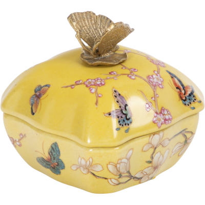 Изображение товара Шкатулка Glasar желтая с бабочкой 11х11х11 см ручная работа фарфор бронза Китай