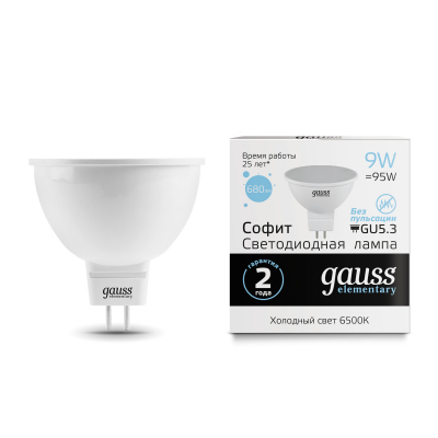 Изображение товара Лампа Gauss LED Elementary MR16 GU5.3 9W 6500K для внутреннего и наружного освещения
