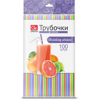 Изображение товара Трубочки Grifon для напитков 21 см 100 штук многоцветные пластиковые