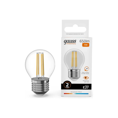 Изображение товара Лампа Gauss Filament Elementary Шар 10W 650lm 2700K Е27 LED Изображение товара Лампа Gauss Filament Elementary Шар 10W 650lm 2700K Е27 LED