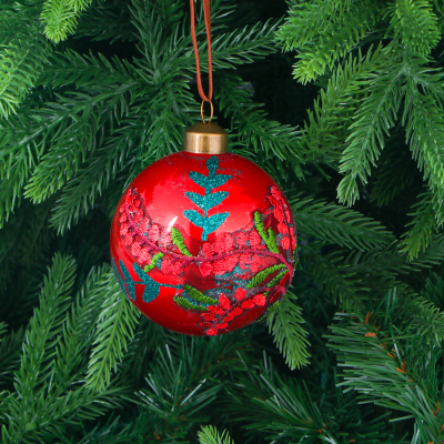 Изображение товара Игрушка ёлочная Yancheng Shiny стеклянная шар красный с вышивкой 8 см