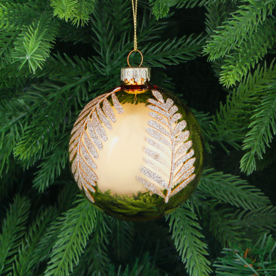 Изображение товара Игрушка ёлочная Yancheng Shiny шар стеклянный золотистый с узором веточка из блёсток 8 см