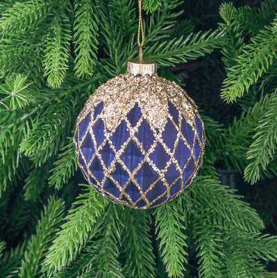 Изображение товара Игрушка ёлочная Yancheng Шар стеклянный синий с золотистыми блёстками