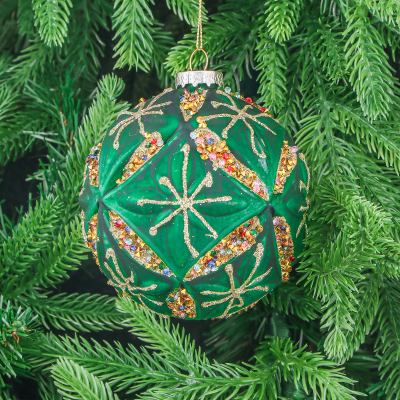 Изображение товара Шар стеклянный Yancheng Shiny зелёный с золотым орнаментом 8 см