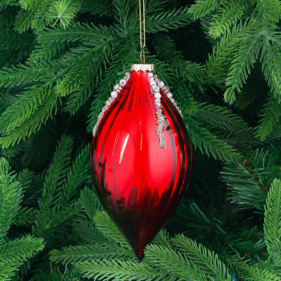 Изображение товара Красный стеклянный шар ёлочная игрушка с бисером 8х16 см