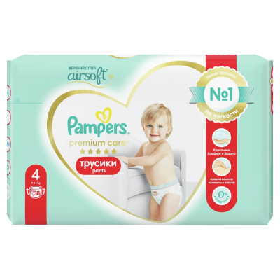 Изображение товара Подгузники-трусики Pampers Premium Care Pants 4 38 шт для детей 9-15 кг Изображение товара Подгузники-трусики Pampers Premium Care Pants 4 38 шт для детей 9-15 кг