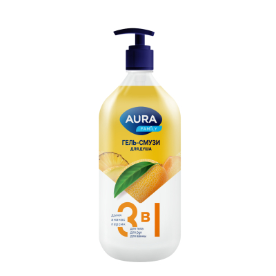 Изображение товара Гель-смузи для душа AURA Family 3 в 1 дыня, ананас, персик 1000 мл