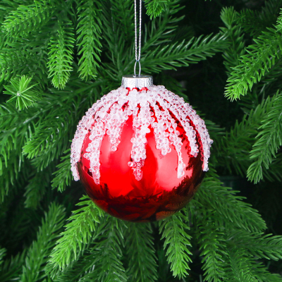 Изображение товара Ёлочная стеклянная игрушка шар красная с белым бисером 8 см Yancheng Shiny