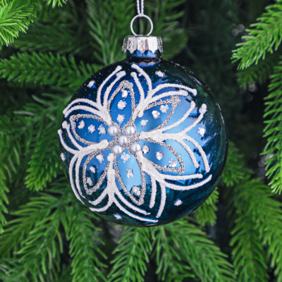 Изображение товара Стеклянный елочный шар Yancheng Shiny синий с белым узором 8 см