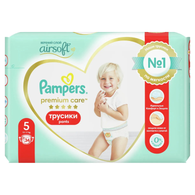 Изображение товара Подгузники-трусики Pampers Premium Care Pants 5, 34 шт, 12-17 кг Изображение товара Подгузники-трусики Pampers Premium Care Pants 5, 34 шт, 12-17 кг