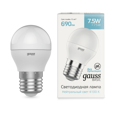 Изображение товара Лампа Gauss Basic Шар 7,5W 690lm 4100K E27 LED, 10 шт