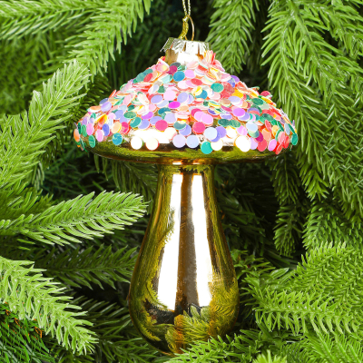 Изображение товара Стеклянное украшение елочное в виде гриба Yancheng Shiny 9x9x14 см