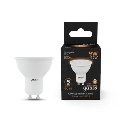 Изображение товара Светодиодная лампа Gauss MR16 9W 830LM 3000K GU10 для внутреннего и наружного освещения