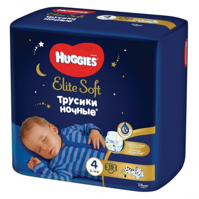 Изображение товара Трусики-подгузники Huggies Elite Soft №4 ночные 9-14 кг 19 шт Изображение товара Трусики-подгузники Huggies Elite Soft №4 ночные 9-14 кг 19 шт