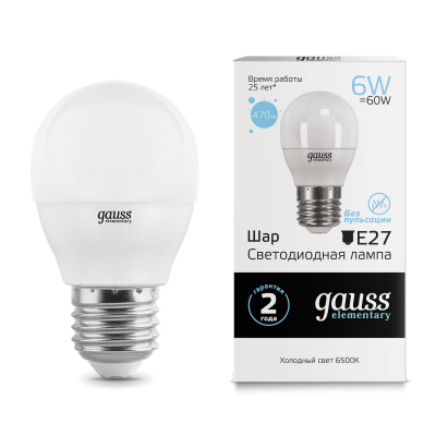 Изображение товара Светодиодная лампа Gauss LED Elementary Шар 6W E27 470lm 6500K для дома и офиса Изображение товара Светодиодная лампа Gauss LED Elementary Шар 6W E27 470lm 6500K для дома и офиса