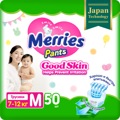 Изображение товара Подгузники-трусики Merries Good skin M / 3 (7-12 кг), 50 шт, по японским технологиям