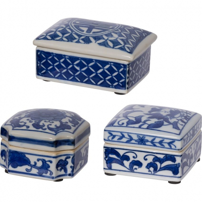 Изображение товара Набор фарфоровых шкатулок Glasar 3 предмета с синим фоном, размеры 10х7х5 см