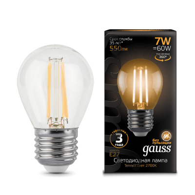 Изображение товара Светодиодная лампа Gauss Filament E27 7W 550lm 2700K для стильного освещения Изображение товара Светодиодная лампа Gauss Filament E27 7W 550lm 2700K для стильного освещения