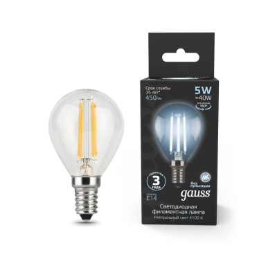 Изображение товара Лампа Gauss LED Filament Шар E14 5W 450lm 4100K для стильного освещения Изображение товара Лампа Gauss LED Filament Шар E14 5W 450lm 4100K для стильного освещения