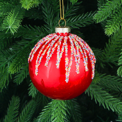 Изображение товара Стеклянная елочная игрушка шар с узором из блёсток 8 см Yancheng Shiny