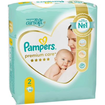 Изображение товара Подгузники Pampers Premium care для новорождённых 2 размер 4-8 кг 20 шт Изображение товара Подгузники Pampers Premium care для новорождённых 2 размер 4-8 кг 20 шт