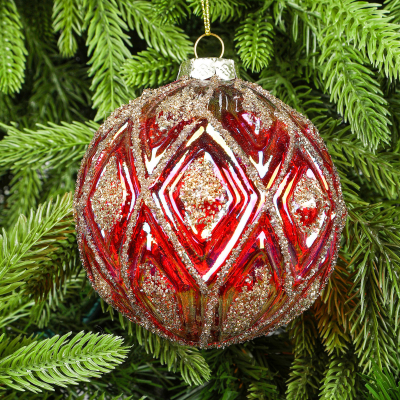 Изображение товара Стеклянный новогодний шар Yancheng Shiny 10 см с орнаментом для елки