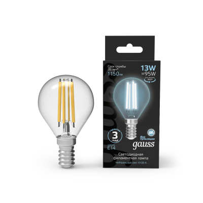 Изображение товара LED лампа Gauss Filament Шар 13W 1150lm 4100К Е14 для дома и офиса Изображение товара LED лампа Gauss Filament Шар 13W 1150lm 4100К Е14 для дома и офиса