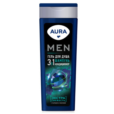 Изображение товара Гель для душа AURA Men 3 в 1 Экстра свежесть 380 мл мужское средство для тела и волос Изображение товара Гель для душа AURA Men 3 в 1 Экстра свежесть 380 мл мужское средство для тела и волос