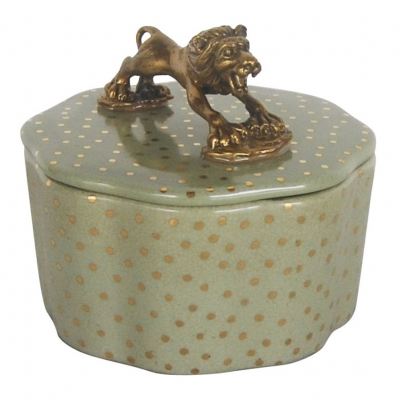 Изображение товара Шкатулка Glasar зеленая в горошек с бронзовым львом 12x12x10 см