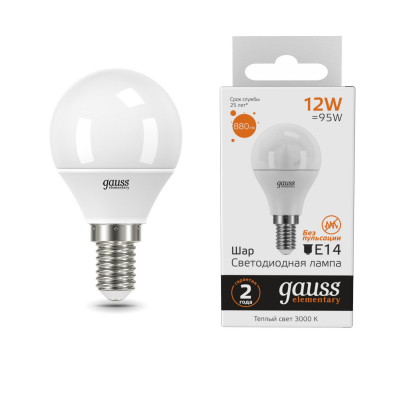 Изображение товара LED лампа Gauss Elementary Шар 12W 880lm E14 3000K для дома и офиса Изображение товара LED лампа Gauss Elementary Шар 12W 880lm E14 3000K для дома и офиса